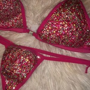 Hand Blinged Hot Pink Thong Bikini